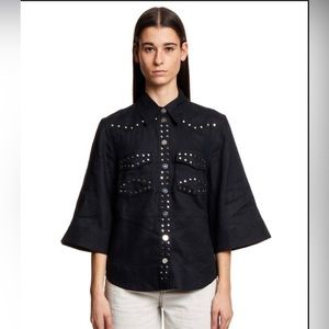 GANNI black linen shirt with collar, pockets, & silver studs